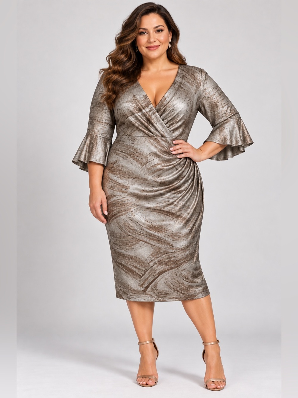 Midi Wrap Silver/Brown Dress, 18W NWT